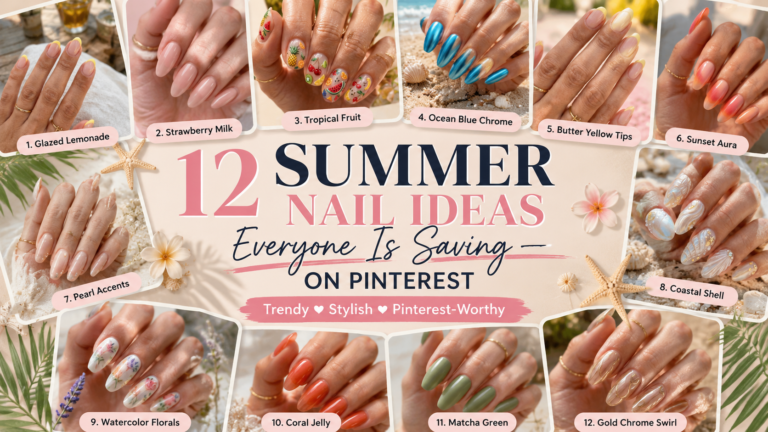 A Pinterest-style featured image showcasing 12 trendy summer nail ideas in a beautiful collage layout. The design includes glazed lemonade nails, strawberry milk pink nails, tropical fruit nail art, ocean blue chrome nails, butter yellow French tips, sunset aura nails, pearl accent manicures, coastal shell-inspired nails, watercolor floral nail art, coral jelly nails, matcha green nails, and gold chrome swirl nails. Soft beach elements, seashells, tropical leaves, and elegant typography create a stylish summer beauty aesthetic perfect for Pinterest inspiration.