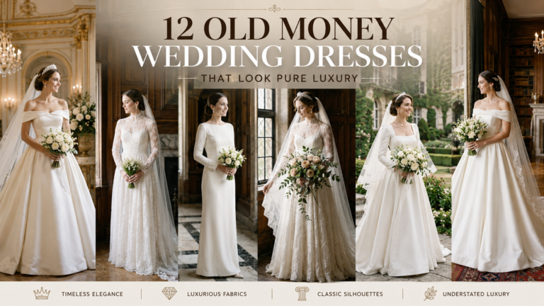 Elegant old money wedding dresses showcased in luxurious manor houses, grand ballrooms, gardens, and historic estates, featuring timeless lace, satin, long sleeves, cathedral veils, and classic bridal silhouettes.